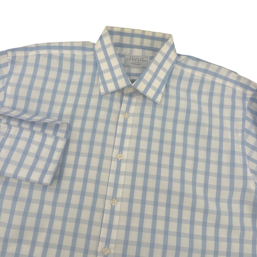 Charles Tyrwhitt Mens Blue White Gingham Dress Shirt 18 37 French Cuff 46 94 cm